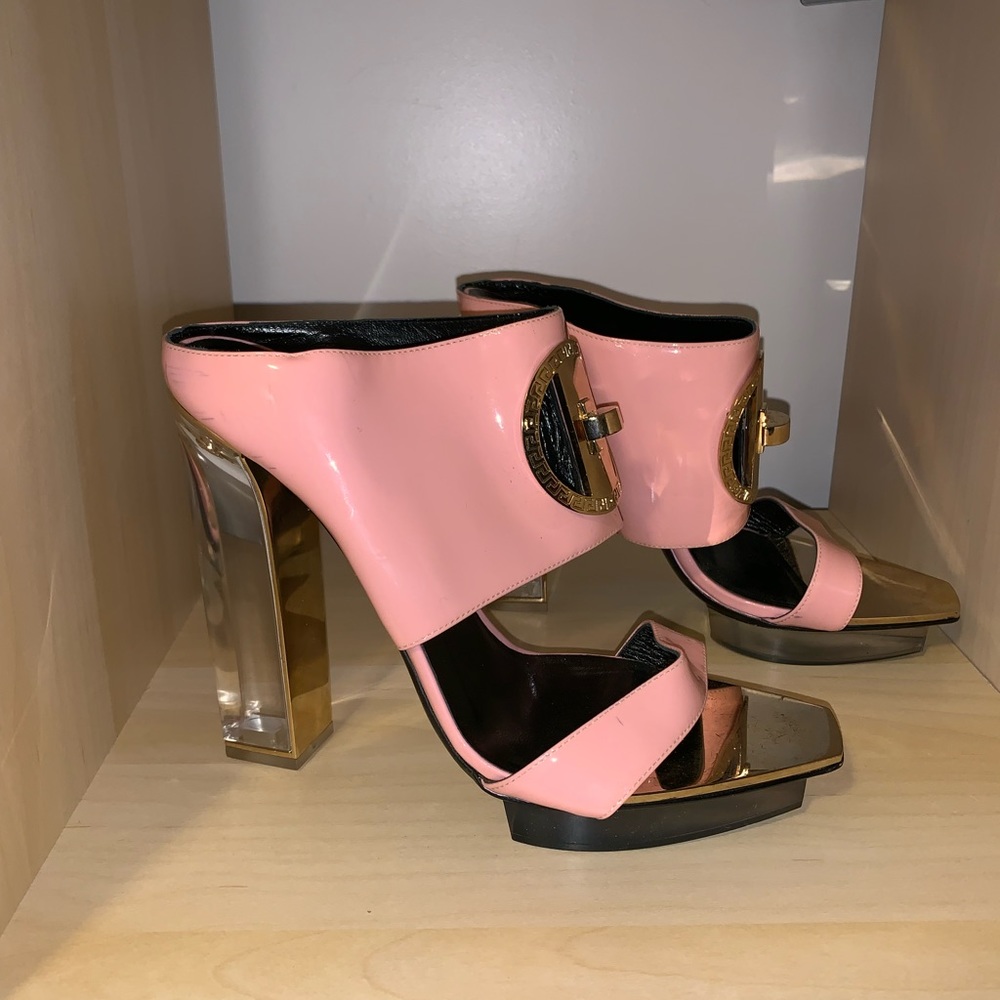 Versace pink patent leather high heel mule
